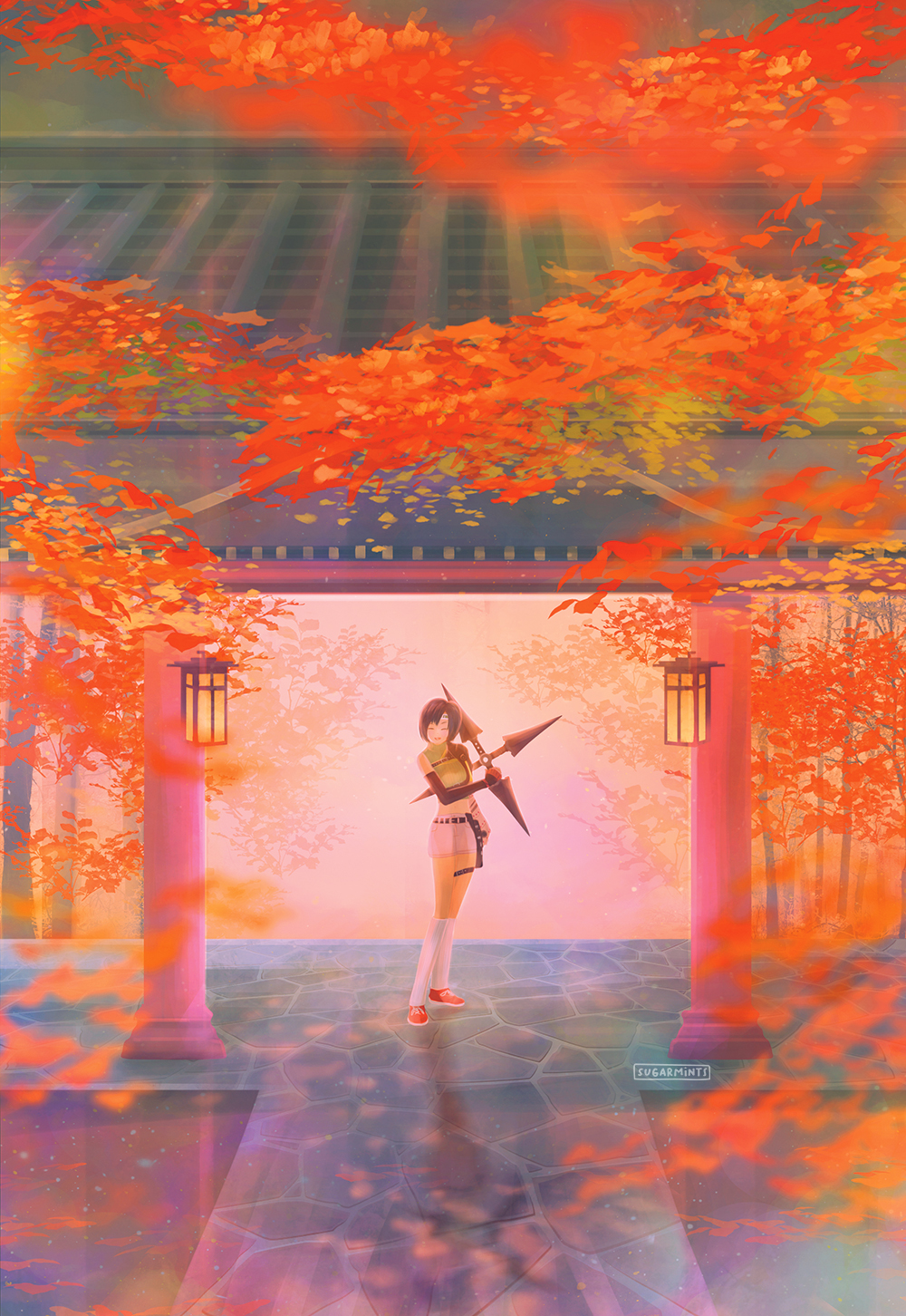 1girl, architecture, black_hair, closed_eyes, closed_mouth, commentary, cropped_sweater, east_asian_architecture, elbow_gloves, final_fantasy, final_fantasy_vii, final_fantasy_vii_rebirth, final_fantasy_vii_remake, full_body, gloves, hanging_lantern, headband, highres, holding, holding_shuriken, holding_weapon, kneehighs, leaf, maple_leaf, maple_tree, midriff, orange_shoes, scenery, shoes, short_hair, shorts, shuriken, single_bare_shoulder, single_shoulder_pad, sleeveless, sleeveless_turtleneck, smile, socks, solo, standing, sugarmintdreams, sweater, tree, turtleneck, turtleneck_sweater, weapon, white_socks, yuffie_kisaragi