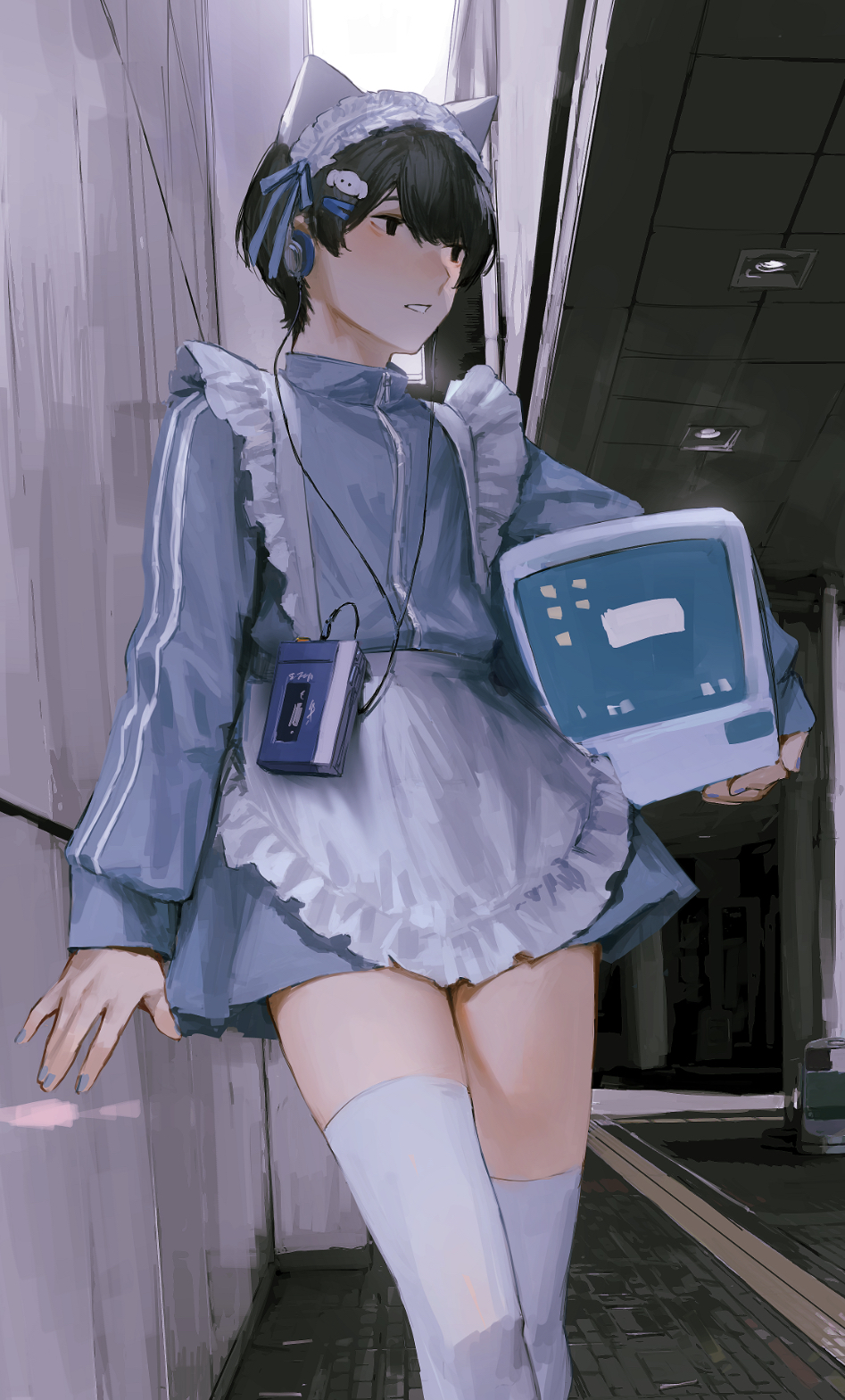 1boy, animal_ears, apron, black_eyes, black_hair, blue_nails, blue_ribbon, blue_skirt