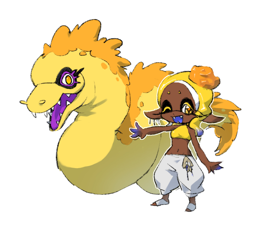 1girl, abe_(pixiv_89244231), blonde_hair, colored_eyelashes, commentary_request, crop_top, dark-skinned_female, dark_skin, earrings, eel, fangs, frye_(deep_cut_outfit)_(splatoon), frye_(splatoon), full_body, harem_pants, highres, inkling, jewelry, long_hair, long_pointy_ears, looking_at_viewer, moray_eel, multiple_earrings, navel, nintendo, one_eye_closed, open_mouth, outstretched_arm, pants, pointy_ears, sharp_teeth, simple_background, smile, splatoon_(series), splatoon_3, standing, star-shaped_pupils, star_(symbol), symbol-shaped_pupils, teeth, tentacle_hair, tooth_earrings, white_background, white_pants, yellow_eyes