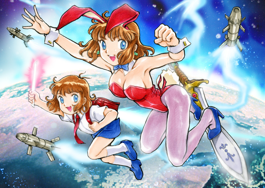 1girl, absurdres, age_comparison, aged_down, akai_takami, animal_ears, backpack, bag