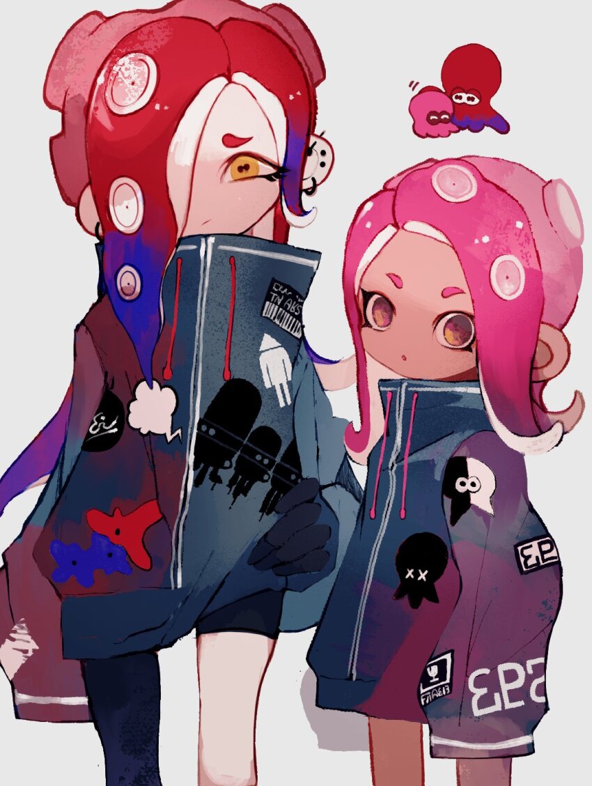 2girls, agent_8_(splatoon), blue_hair, cephalopod_eyes, closed_mouth, commentary_request, dedf1sh, ear_piercing, earrings, gradient_hair, hair_over_one_eye, highres, hoop_earrings, jewelry, li04r, long_hair, long_sleeves, looking_at_viewer, medium_hair, multicolored_hair, multiple_girls, nintendo, octoling, octoling_girl, octoling_player_character, octopus, open_mouth, piercing, pink_hair, raincoat, red_hair, simple_background, sleeves_past_fingers, sleeves_past_wrists, splatoon_(series), splatoon_2, splatoon_2:_octo_expansion, splatoon_3, splatoon_3:_side_order, standing, tentacle_hair, thick_eyebrows, two-tone_hair, white_background, yellow_eyes