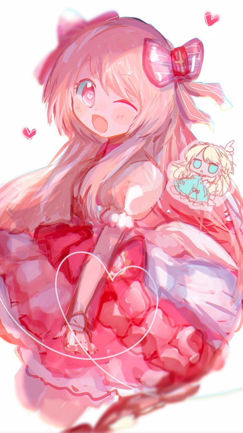 2girls, bad_id, bad_twitter_id, blonde_hair, bloomers, blue_eyes, blush, chaos_marie_(grimms_notes), chibi, dress, grimms_notes, heart, heart-shaped_pupils, highres, long_hair, marie_antoinette_(repage)_(grimms_notes), multiple_girls, one_eye_closed, open_mouth, pink_eyes, pink_ribbon, puffy_short_sleeves, puffy_sleeves, ribbon, shio_midori, short_sleeves, symbol-shaped_pupils, underwear