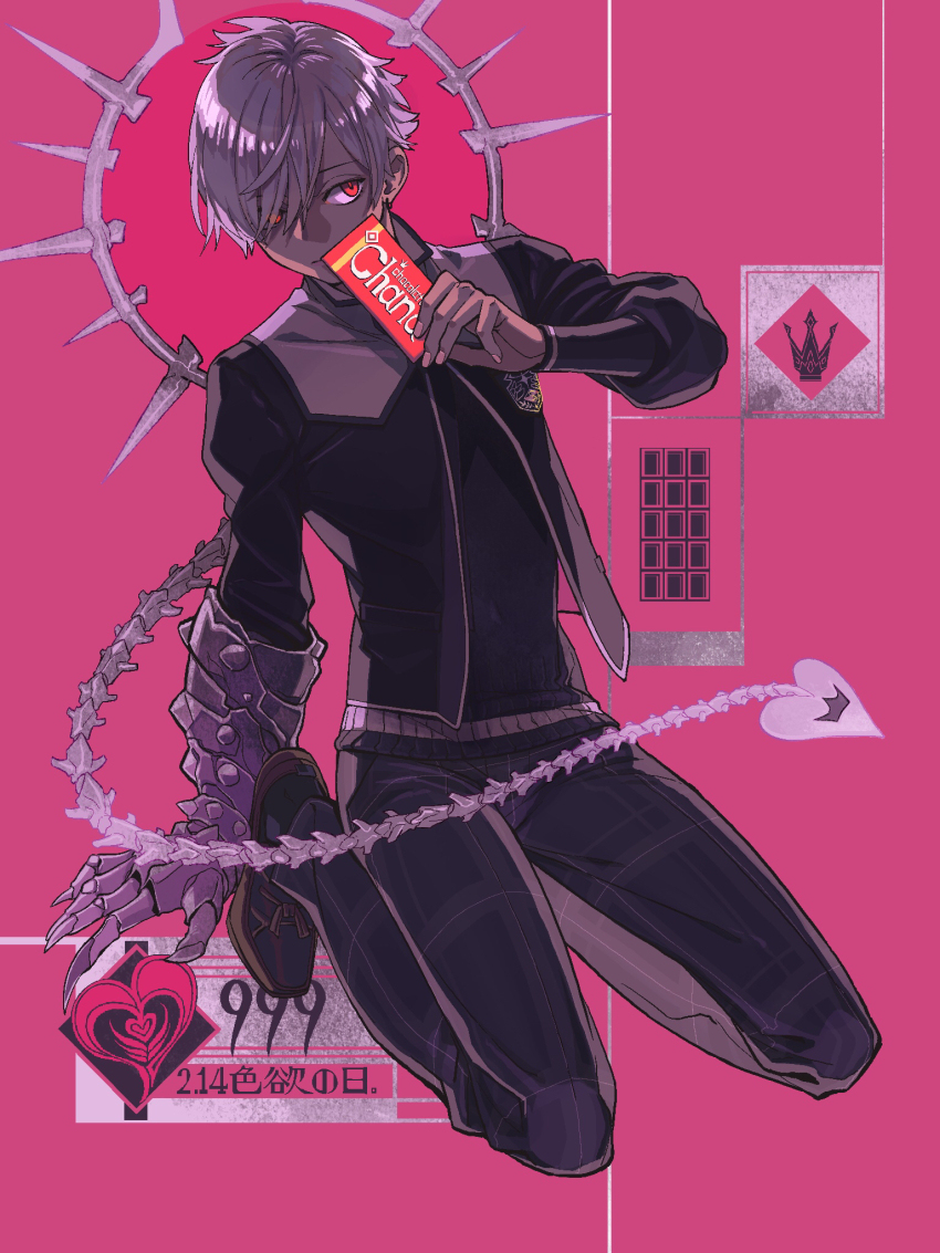 1boy, claw_(weapon), closed_mouth, full_body, glowing, glowing_eyes, hair_over_one_eye, halo, heart, highres, kneeling, lizzydom, looking_to_the_side, male_focus, monark, pants, pink_background, protagonist_(monark), red_eyes, short_hair, skeletal_tail, solo, tail, weapon, white_hair