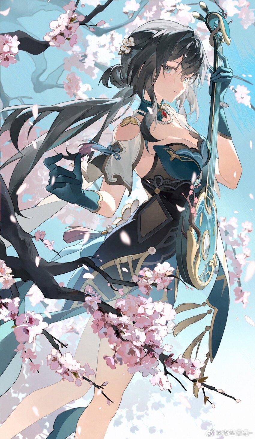 1girl, bead_necklace, beads, black_dress, black_hair, blue_eyes, blue_gloves, blue_sky