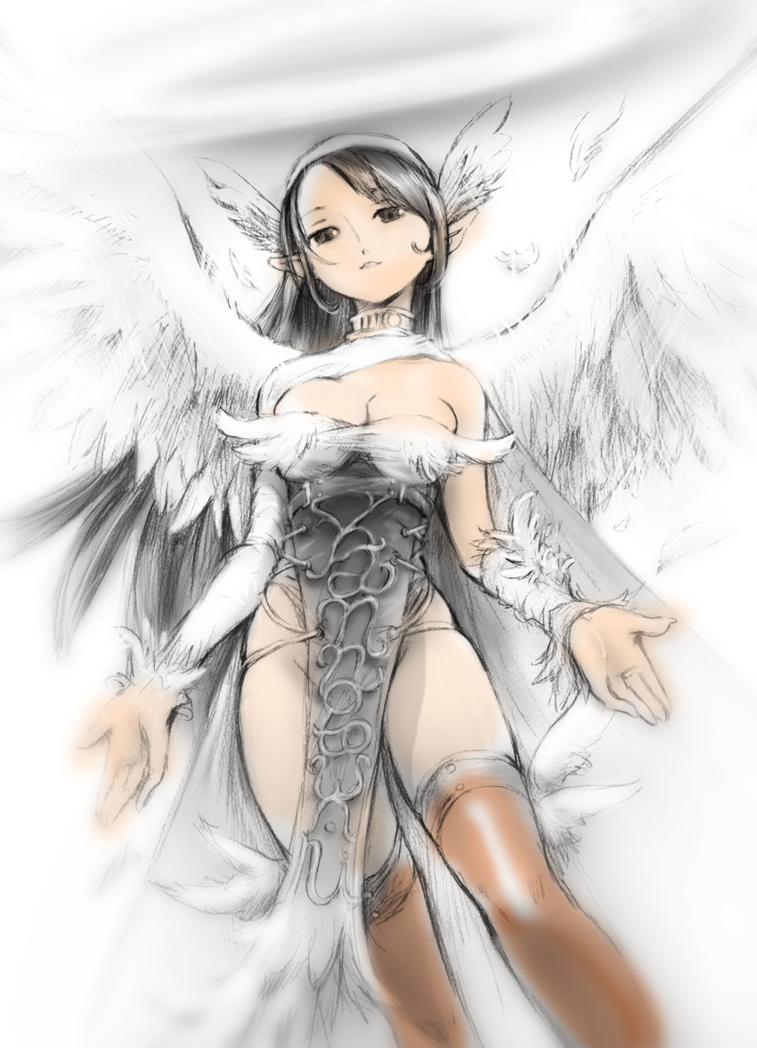 1girl, akai_takami, angel, angel_wings, beckoning, black_dress, black_hair, brown_eyes