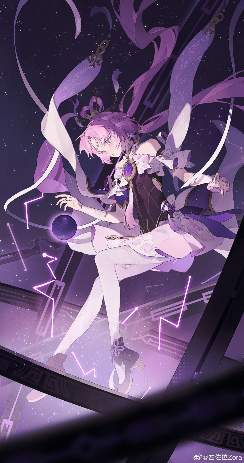 1girl, absurdres, armillary_sphere, bare_shoulders, black_shirt, black_shoes, bow-shaped_hair, chinese_commentary