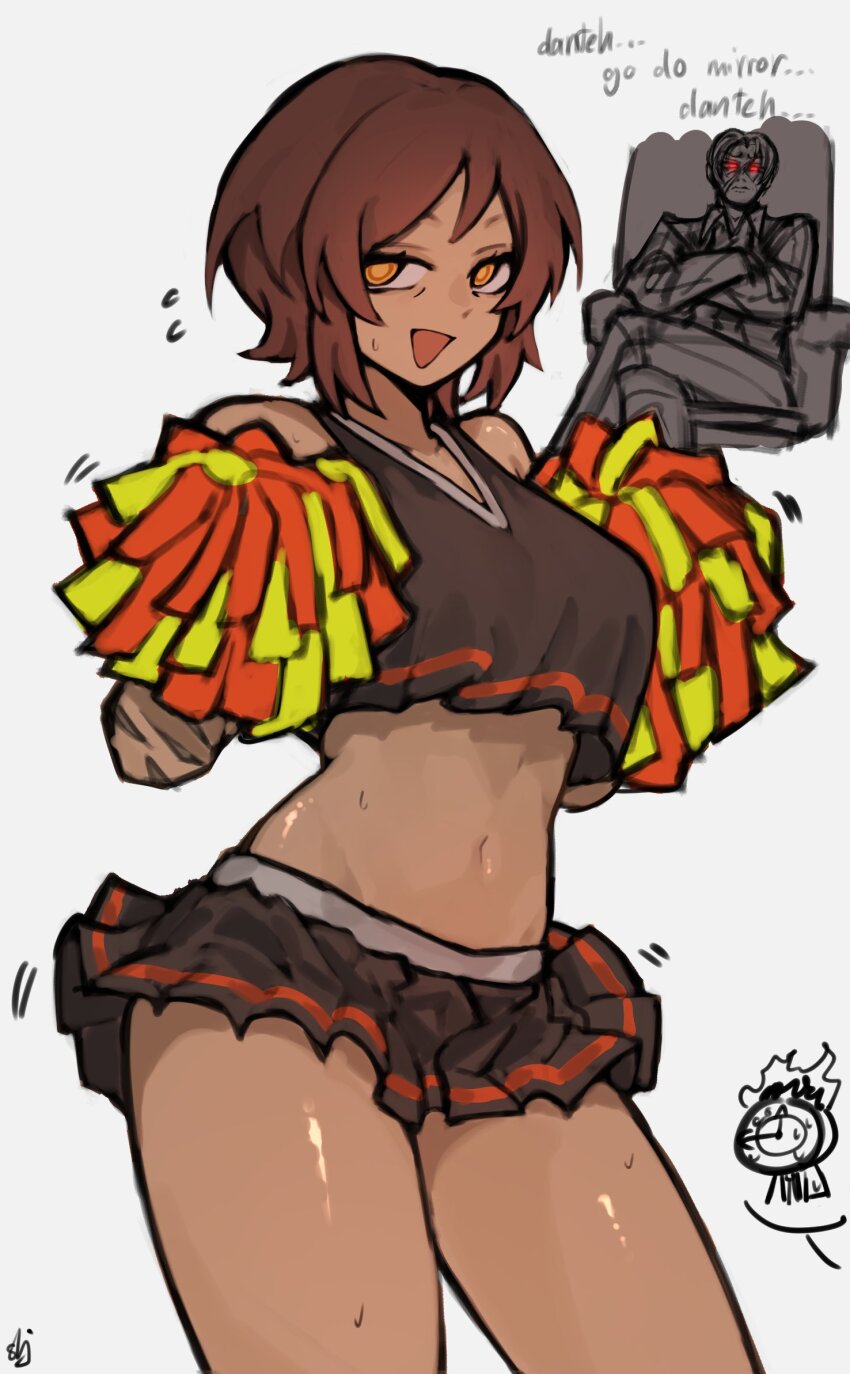 1boy, 1girl, 1other, black_skirt, black_tank_top, brown_eyes, brown_hair, cheerleader