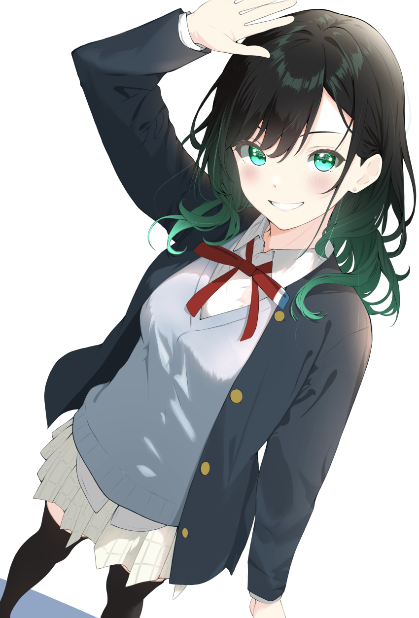 1girl, absurdres, arm_up, black_hair, black_thighhighs, breasts, collared_shirt, green_eyes