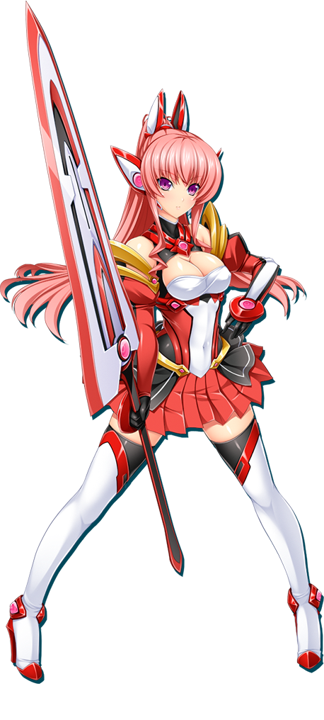 1girl, bare_shoulders, black_gloves, breasts, cleavage, cleavage_cutout, closed_mouth, clothing_cutout, covered_navel, dress, elbow_gloves, exs-tia_chevalier, gem, gloves, headgear, high_ponytail, holding, holding_sword, holding_weapon, inoino, kouyoku_senki_exs-tia, legs_apart, lusterise, medium_breasts, pink_hair, pleated_skirt, ponytail, purple_eyes, red_footwear, red_gem, red_skirt, rieszverne_suzette_paladill, serious, simple_background, skirt, solo, standing, sword, tachi-e, thighhighs, weapon, white_background, white_thighhighs, zettai_ryouiki