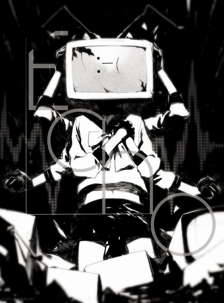 1girl, ashorz, bow, copyright_name, crack, cracked_screen, echo_(vocaloid), extra_arms, frown, gloves, hands_on_own_chest, hands_on_own_head, highres, object_head, primadonna_(echo), radio_antenna, sailor_collar, school_uniform, serafuku, shirt_bow, skirt, three-quarter_sleeves, solo, straight-on, television, vocaloid, wavelengths