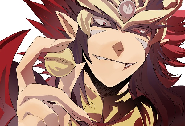 1boy, 1other, armor, artist_request, big_hair, crazy_eyes, demon, demon_boy, evil_grin, evil_smile, fangs, fingernails, grin, hyouinomi_(zenki), kishin_douji_zenki, long_hair, pointy_ears, red_eyes, red_hair, sharp_teeth, shoulder_pads, smile, smug, solo, spiked_hair, teeth, upper_body, very_long_hair, white_background, zenki