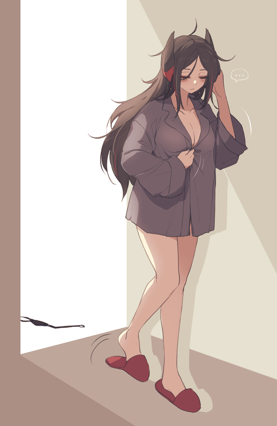 ..., 1girl, arknights, black_bra, black_hair, borrowed_clothes, bra, breasts