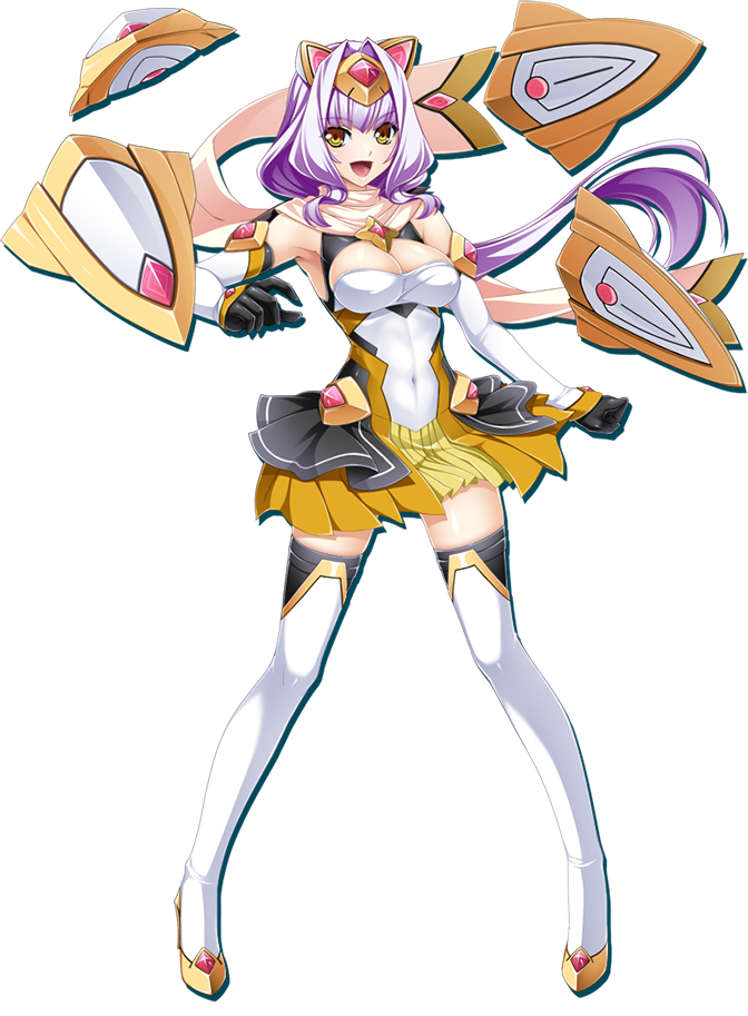 1girl, :d, armpits, azarin_(kouyoku_senki_exs-tia), black_gloves, blush, boots, breasts, cleavage, covered_navel, elbow_gloves, exs-tia_magica, full_body, gem, gloves, hair_intakes, headgear, inoino, kouyoku_senki_exs-tia, large_breasts, legs_apart, long_hair, looking_at_viewer, lusterise, magical_girl, open_mouth, pink_gem, pleated_skirt, purple_hair, scarf, simple_background, skirt, smile, solo, standing, thigh_boots, white_background, white_boots, white_scarf, yellow_eyes, yellow_skirt