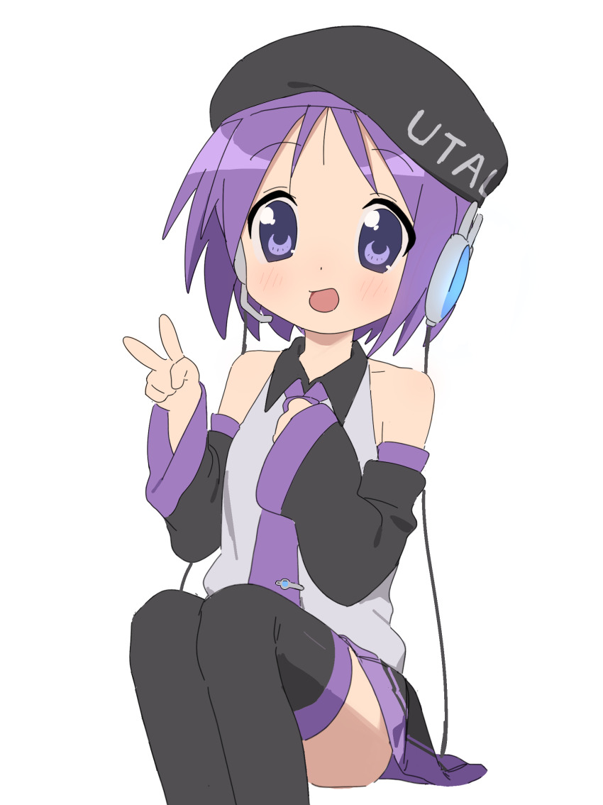 1girl, absurdres, bare_shoulders, beret, blush, cosplay, detached_sleeves, hat, headset, highres, hiiragi_tsukasa, looking_at_viewer, lucky_star, necktie, open_mouth, purple_eyes, purple_hair, shirt, short_hair, simple_background, sitting, skirt, sleeveless, sleeveless_shirt, smile, solo, thighhighs, utane_uta, utane_uta_(cosplay), utau, v, white_background, wuju59
