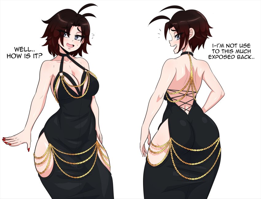 1girl, absurdres, ahoge, ass, back_cutout, black_dress, black_hair, blush, breasts, choker, cleavage, clothing_cutout, collarbone, dress, english_text, gradient_hair, highres, hip_vent, in_the_dress_(meme), kinathefox, large_breasts, modakawa_dress, multicolored_hair, open_mouth, red_hair, ruby_rose, rwby, short_hair, smile, solo, thick_thighs, thighs, white_background, wide_hips