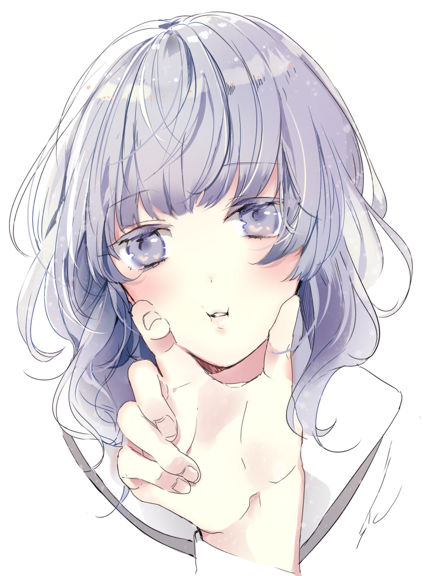 1girl, blush, cheek_squash, grey_eyes, grey_hair, hand_on_another's_face, highres, long_hair