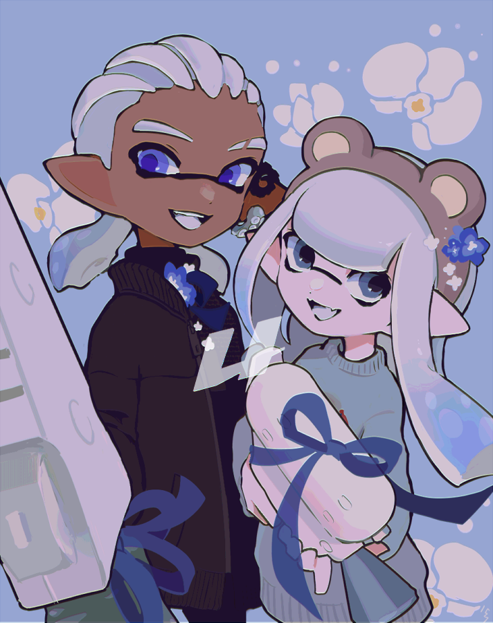 1boy, 1girl, animal_ear_hairband, animal_ears, bear_ears, black_jacket, blue_background, blue_eyes