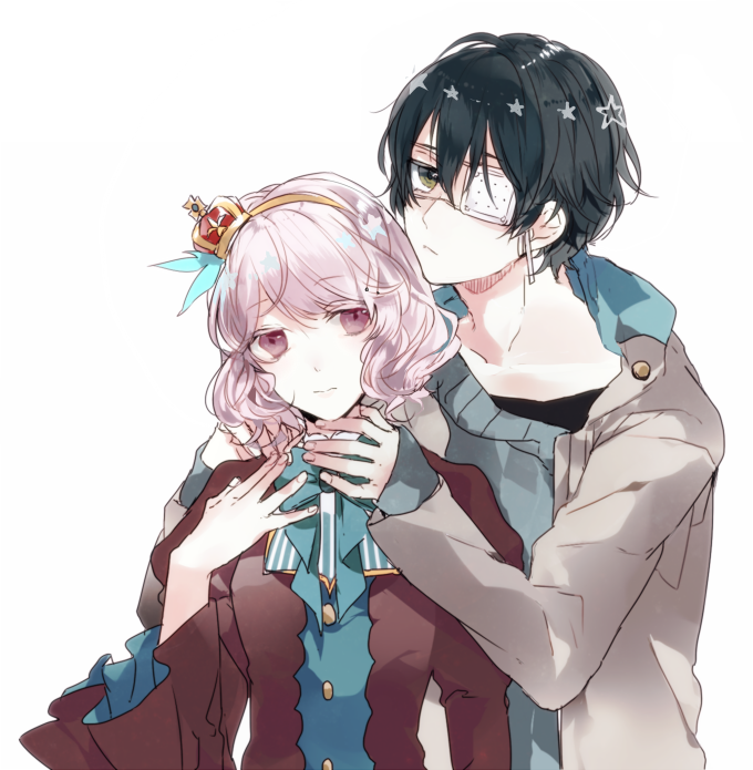 1boy, 1girl, black_hair, crown, eyepatch, grey_jacket, hair_ornament, hairband