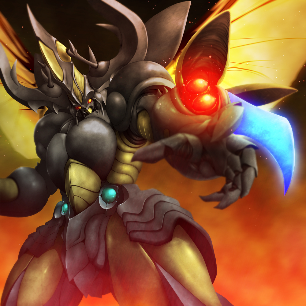 claws, foreshortening, glowing, horns, insect_wings, kyoushoku_soukou_guyver, monitor, monster