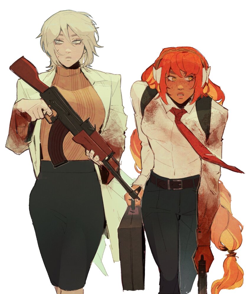 2400db, 2girls, absurdres, ak-47, alternate_skin_color, assault_rifle, belt, black_pants, black_skirt, blonde_hair, blood, blood_on_clothes, blood_on_face, blood_on_hands, blood_on_sleeves, briefcase, bright_pupils, brown_belt, closed_mouth, coat, dark-skinned_female, dark_skin, dress_shirt, faust_(project_moon), feet_out_of_frame, freckles, grey_eyes, gun, highres, holding, holding_briefcase, holding_gun, holding_weapon, ishmael_(project_moon), kalashnikov_rifle, lapels, limbus_company, long_hair, medium_hair, multicolored_hair, multiple_girls, necktie, open_clothes, open_coat, orange_hair, orange_sweater, pants, parted_lips, pencil_skirt, project_moon, red_hair, red_necktie, rifle, shirt, sideways_glance, simple_background, skirt, sweater, sweater_tucked_in, teeth, two-tone_hair, weapon, white_background, white_coat, white_pupils, white_shirt, yellow_eyes