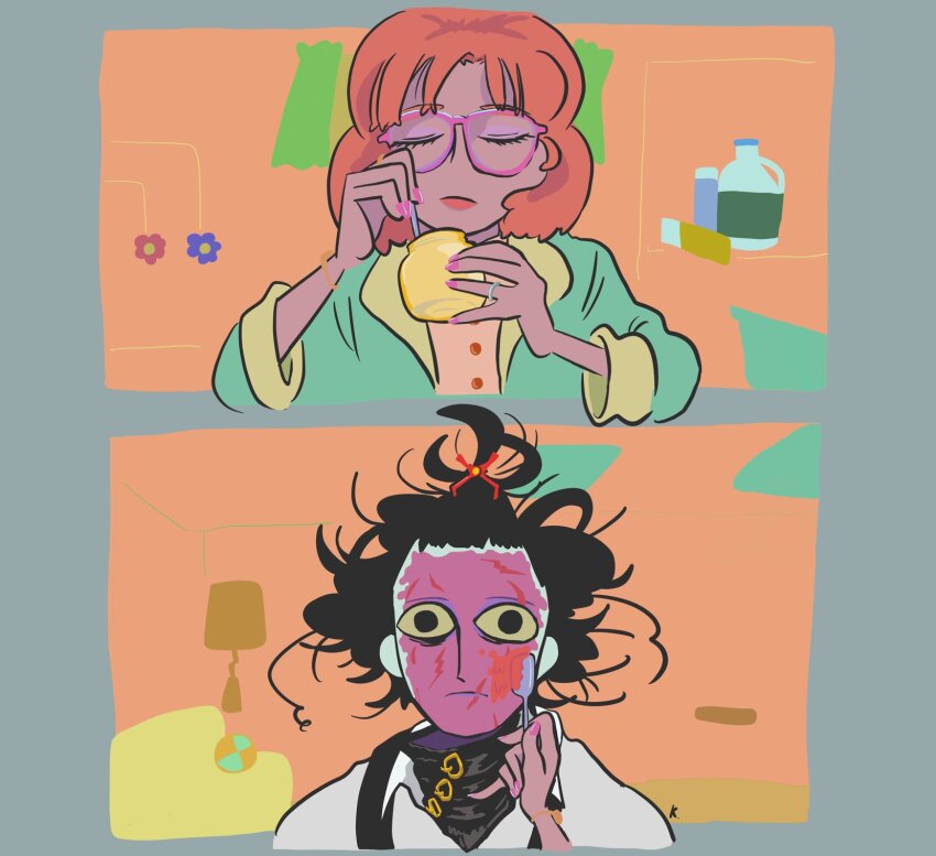 1boy, 1girl, applying_makeup, bangs_pinned_back, black_eyes, black_hair, black_sweater, blank_stare, bottle, bracelet, butter_knife, closed_eyes, closed_mouth, colored_skin, commentary, couch, edward_scissorhands, edward_scissorhands_(character), empty_eyes, english_commentary, expressionless, glasses, green_jacket, highres, indoors, jacket, jewelry, kipper_goodbreakfast, knife, lamp, messy_hair, open_clothes, open_jacket, orange_hair, peg_boggs, pink_nails, pink_shirt, pink_skin, red_lips, scar, scar_on_face, scar_on_mouth, scene_reference, shirt, short_hair, sweater, turtleneck, turtleneck_sweater, white_shirt, wide-eyed