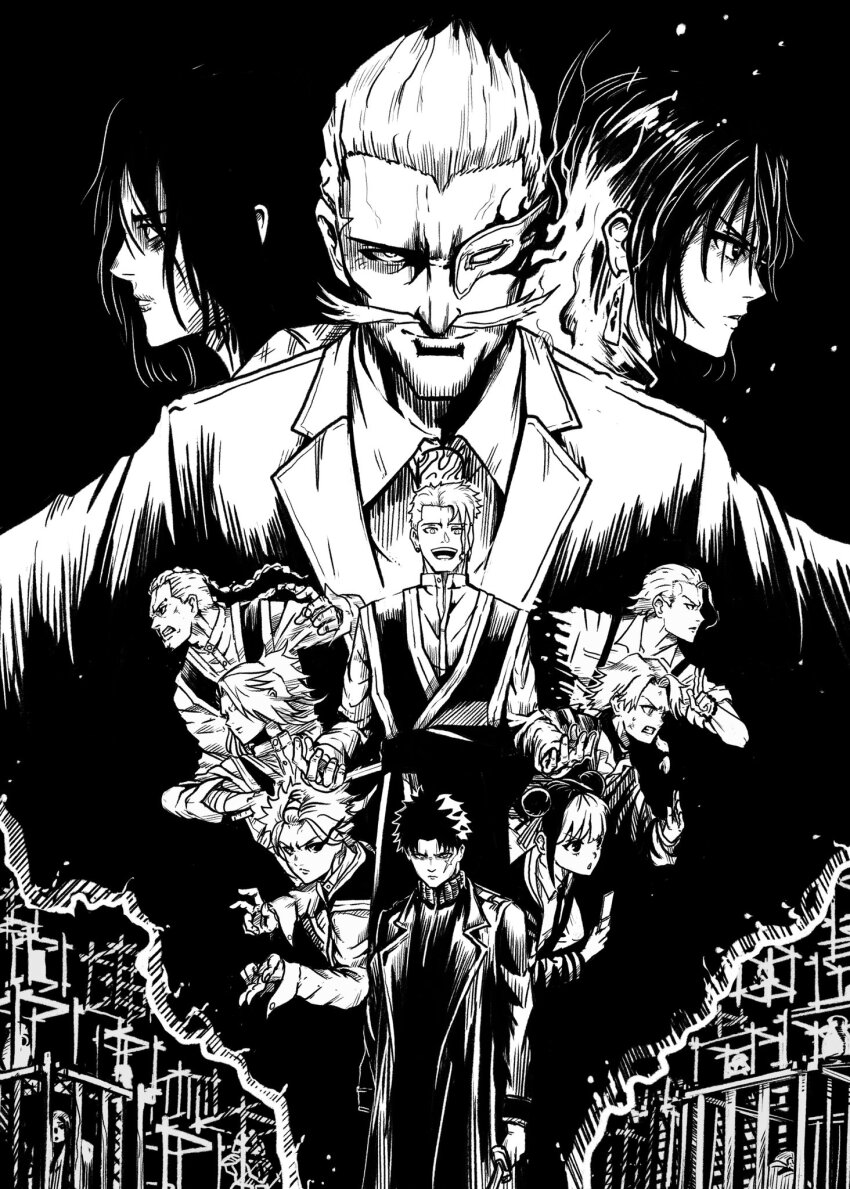 cage, facial_hair, fighting_stance, fire, formal_clothes, group_picture, highres, hinao_(kagurabachi)