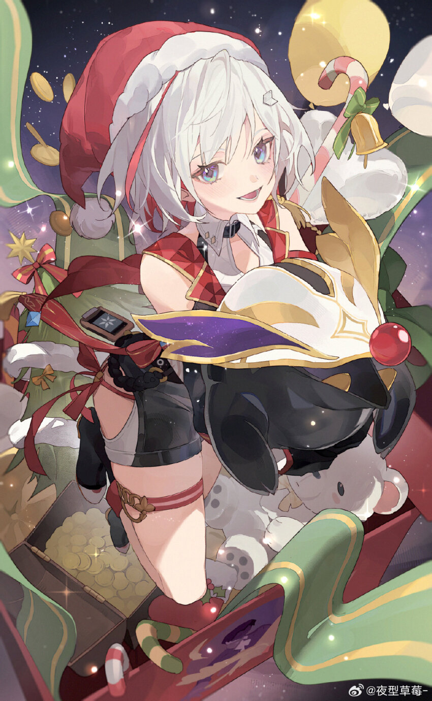 1girl, balloon, black_collar, black_footwear, black_shorts, blue_eyes, candy, candy_cane