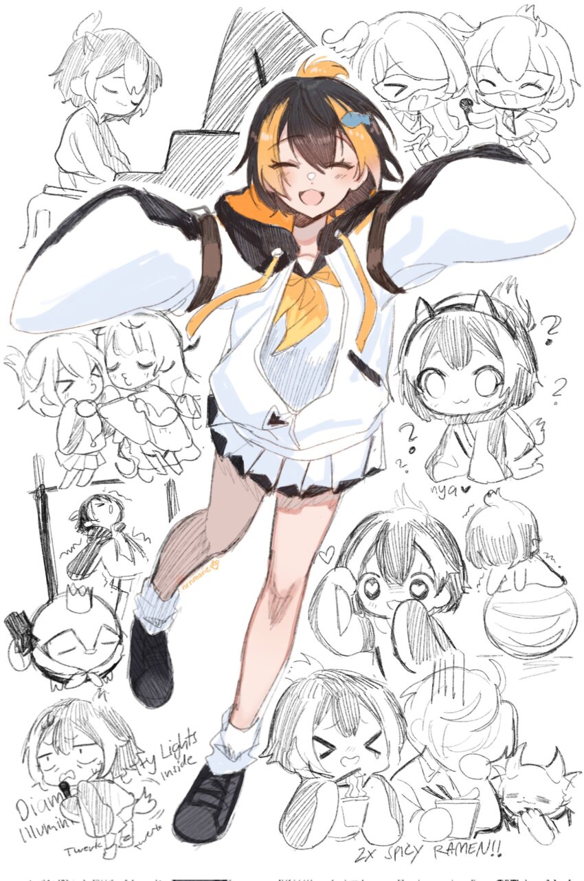 >_<, 1boy, 3girls, ?, ahoge, animal_ears, artist_name, black_footwear, black_hair, black_sailor_collar, blonde_hair, blush, closed_eyes, corrupted_twitter_file, crown, drawstring, eating, elira_pendora, elira_pendora_(1st_costume), english_text, fake_animal_ears, fish_hair_ornament, food, full_body, hair_ornament, head_wings, heart, heart-shaped_pupils, highres, holding, holding_food, holding_microphone, hood, hood_down, hoodie, instrument, jacket, long_sleeves, lyrics, medium_hair, microphone, mini_crown, multicolored_clothes, multicolored_hair, multiple_girls, music, neckerchief, nijisanji, nijisanji_en, nrnmarie, oliver_evans, oliver_evans_(1st_costume), open_mouth, pentomo_(petra_gurin), petra_gurin, petra_gurin_(1st_costume), piano, playing_instrument, playing_piano, pleated_skirt, reimu_endou, reimu_endou_(1st_costume), sailor_collar, school_uniform, serafuku, sitting, skirt, sleeves_past_fingers, sleeves_past_wrists, smile, socks, streaked_hair, symbol-shaped_pupils, two-sided_fabric, virtual_youtuber, white_jacket, white_skirt, white_socks, wings, yellow_neckerchief