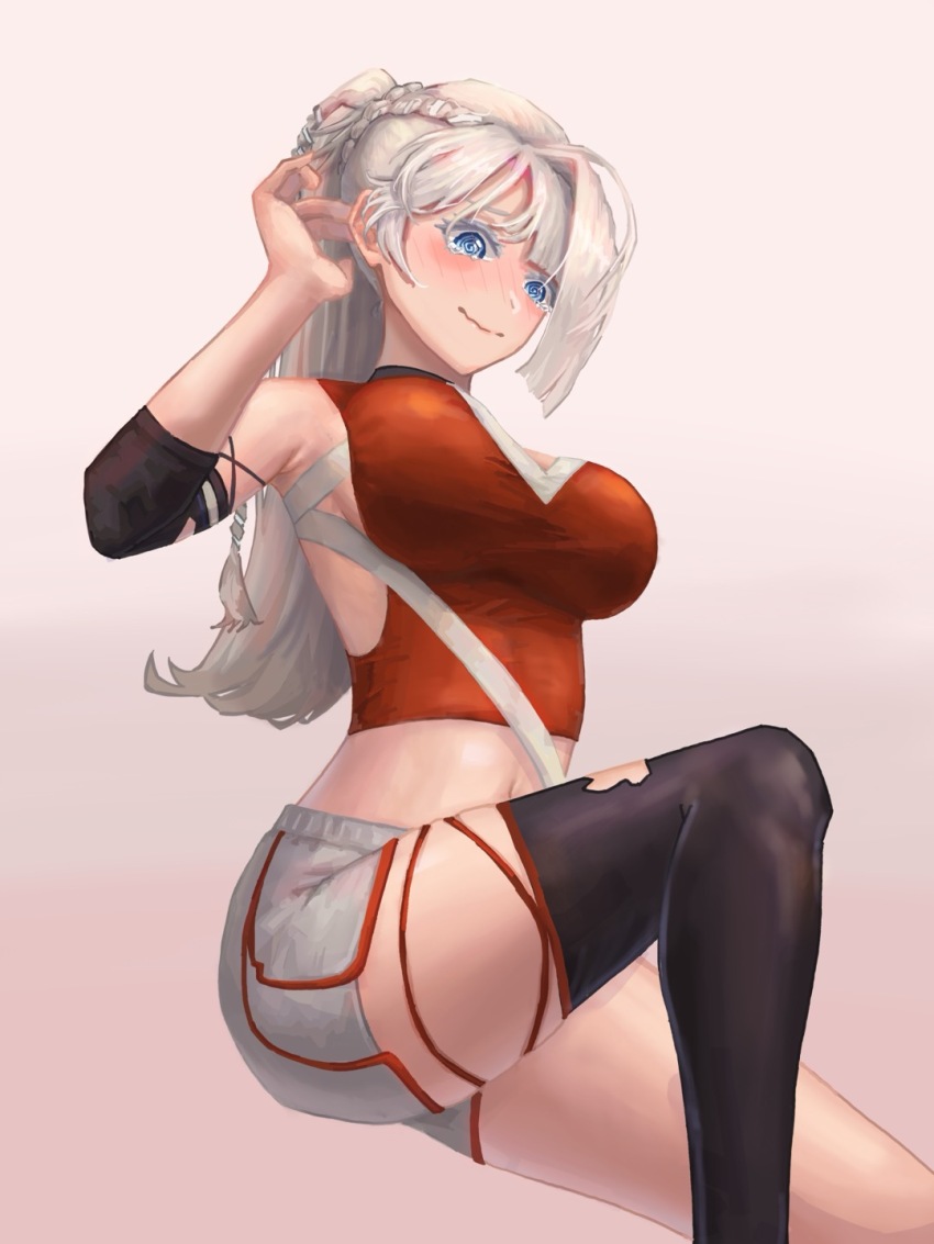 1girl, @_@, arm_up, armpits, black_thighhighs, blue_eyes, blush, braid