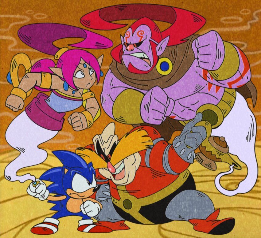 1990s_(style), 1girl, 3boys, :<, abs, adventures_of_sonic_the_hedgehog, age_difference, animal_ears, animal_nose, antenna_hair, artist_name, back_bow, bare_shoulders, black_sclera, blue_eyes, blue_fur, bow, breasts, brown_cape, cape, clenched_hands, collarbone, colored_sclera, colored_skin, dark_skin, dr._eggman, earrings, erazor_djinn, evil_smile, face-to-face, facial_tattoo, fat, fat_man, floating, full_body, genie, gloves, highres, jewelry, medium_breasts, middle_finger, mr.whatshisname, multiple_boys, muscular, necklace, open_mouth, pink_bow, pink_hair, pointy_ears, purple_skin, red_eyes, retro_artstyle, ring, shahra, short_hair, simple_background, smile, sonic_(series), sonic_and_the_secret_rings, sonic_the_hedgehog, standing, strapless, sweatdrop, tattoo, teamwork, tube_top, white_gloves, wide-eyed