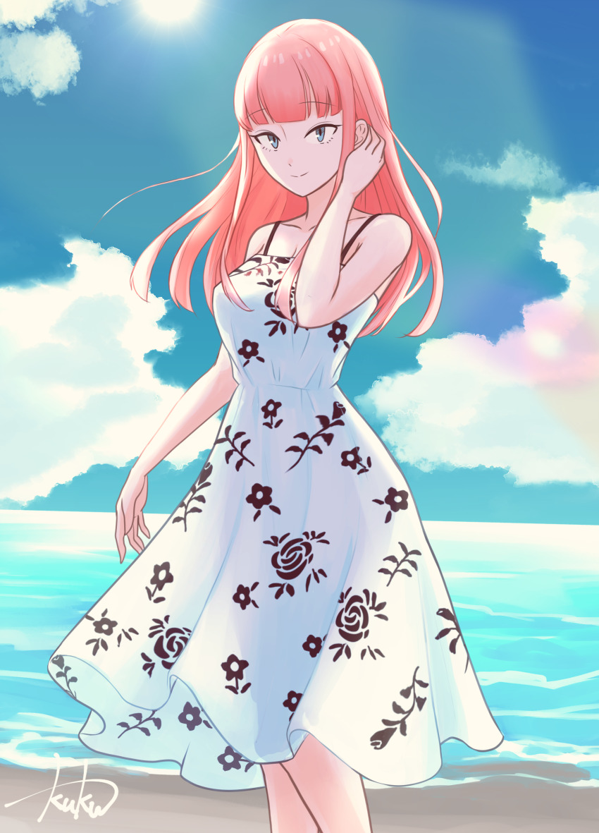 1girl, absurdres, bare_arms, bare_shoulders, beach, blonde_hair, blue_sky, blunt_bangs