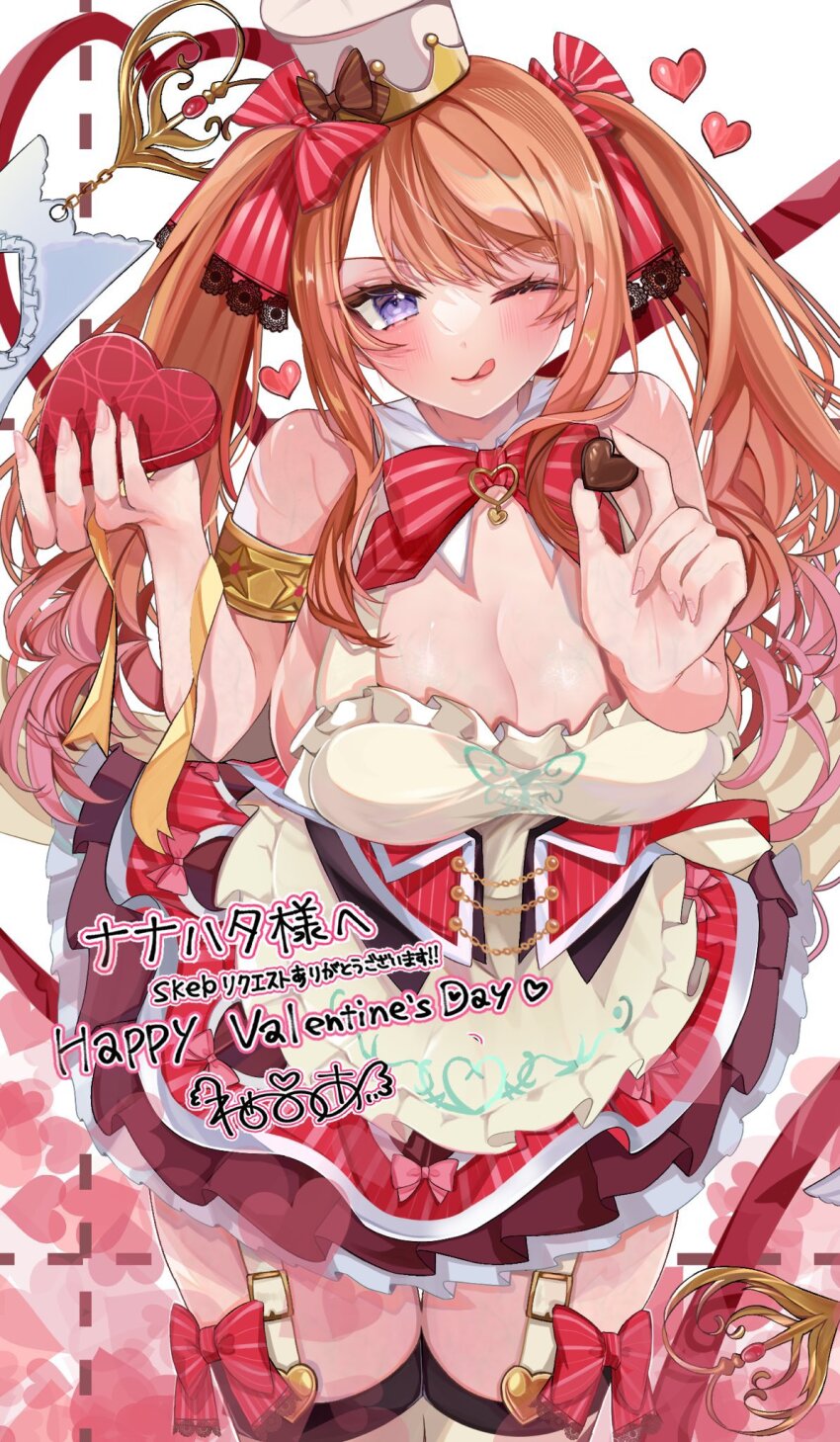 >:), 1girl, 6_may_6, ;q, alice_(sennen_sensou_aigis), apron, armlet, bare_shoulders, blush, bow, bowtie, breasts, brown_hair, buckle, candy, chocolate, chocolate_heart, cleavage, commentary, commission, cowboy_shot, detached_collar, fingernails, food, frilled_apron, frills, garter_straps, happy_valentine, heart, heart_background, highres, holding, holding_chocolate, holding_food, jewelry, lace-trimmed_bow, lace_trim, large_breasts, layered_skirt, long_fingernails, looking_at_viewer, one_eye_closed, pinstripe_bow, pleated_skirt, purple_eyes, red_bow, red_ribbon, ribbon, sennen_sensou_aigis, sidelocks, signature, skeb_commission, skirt, solo, standing, thighhighs, tongue, tongue_out, twintails, v-shaped_eyebrows, valentine, white_background