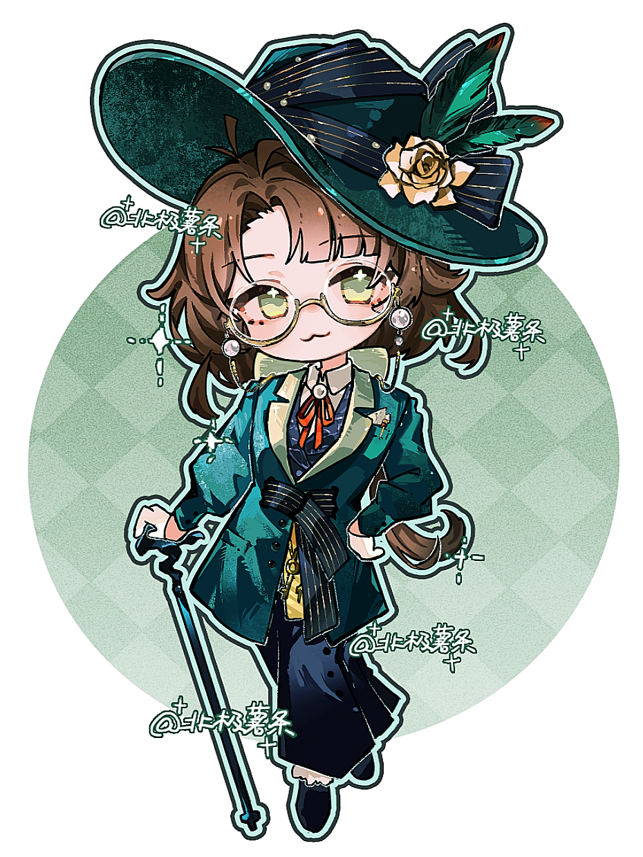 1girl, :3, artist_name, beiji_shutiao, black_footwear, black_skirt, black_vest, bow, brown_hair, cane, chibi, circle, collared_shirt, crossed_ankles, feathers, flower, full_body, glasses, gloves, green_background, green_eyes, green_feathers, green_hat, green_jacket, hair_bow, hand_on_own_hip, hat, hat_feather, hat_flower, highres, holding, holding_cane, jacket, kakania_(reverse:1999), long_hair, long_skirt, long_sleeves, looking_at_viewer, low_ponytail, neck_ribbon, pencil_skirt, ponytail, red_ribbon, reverse:1999, ribbon, round_eyewear, semi-rimless_eyewear, shirt, signature, skirt, solo, sparkle, sparkling_eyes, standing, sun_hat, two-tone_background, vest, waistcoat, white_background, white_gloves, white_shirt, yellow_bow, yellow_flower