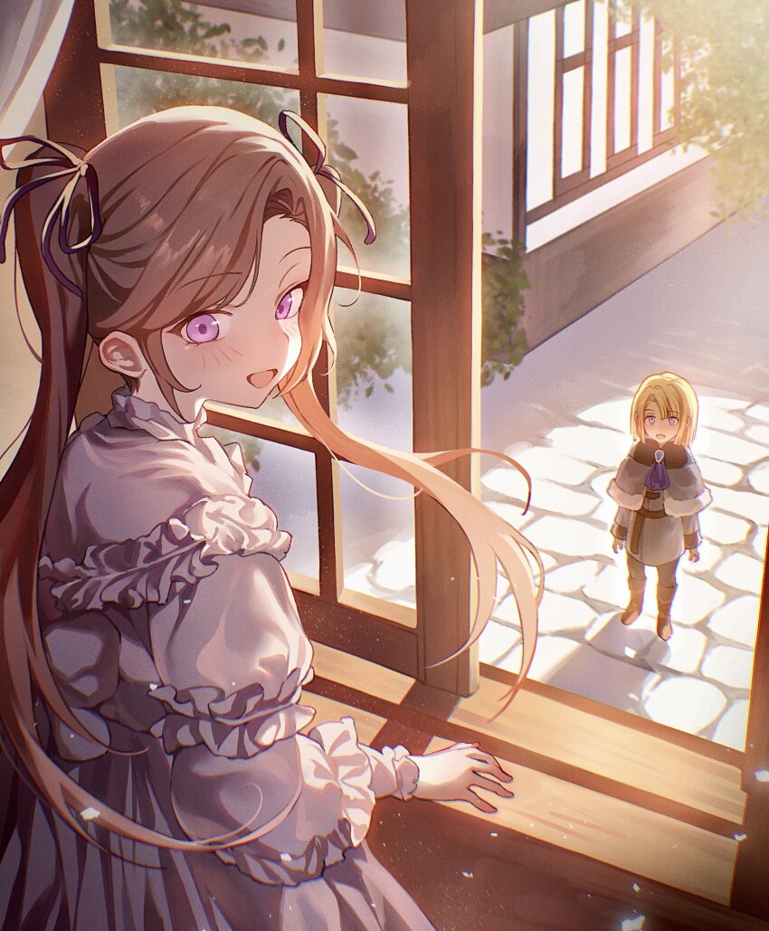 1boy, 1girl, :d, aged_down, ascot, blonde_hair, blue_ascot, blue_eyes