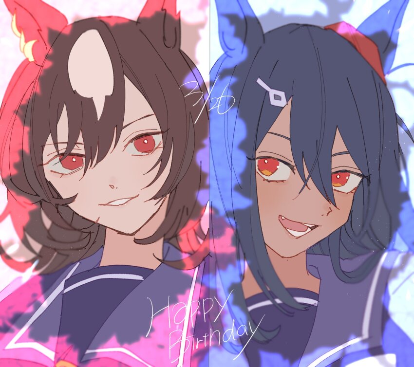 2girls, animal_ears, black_hair, brown_hair, dark-skinned_female, dark_skin, dated, ear_ornament