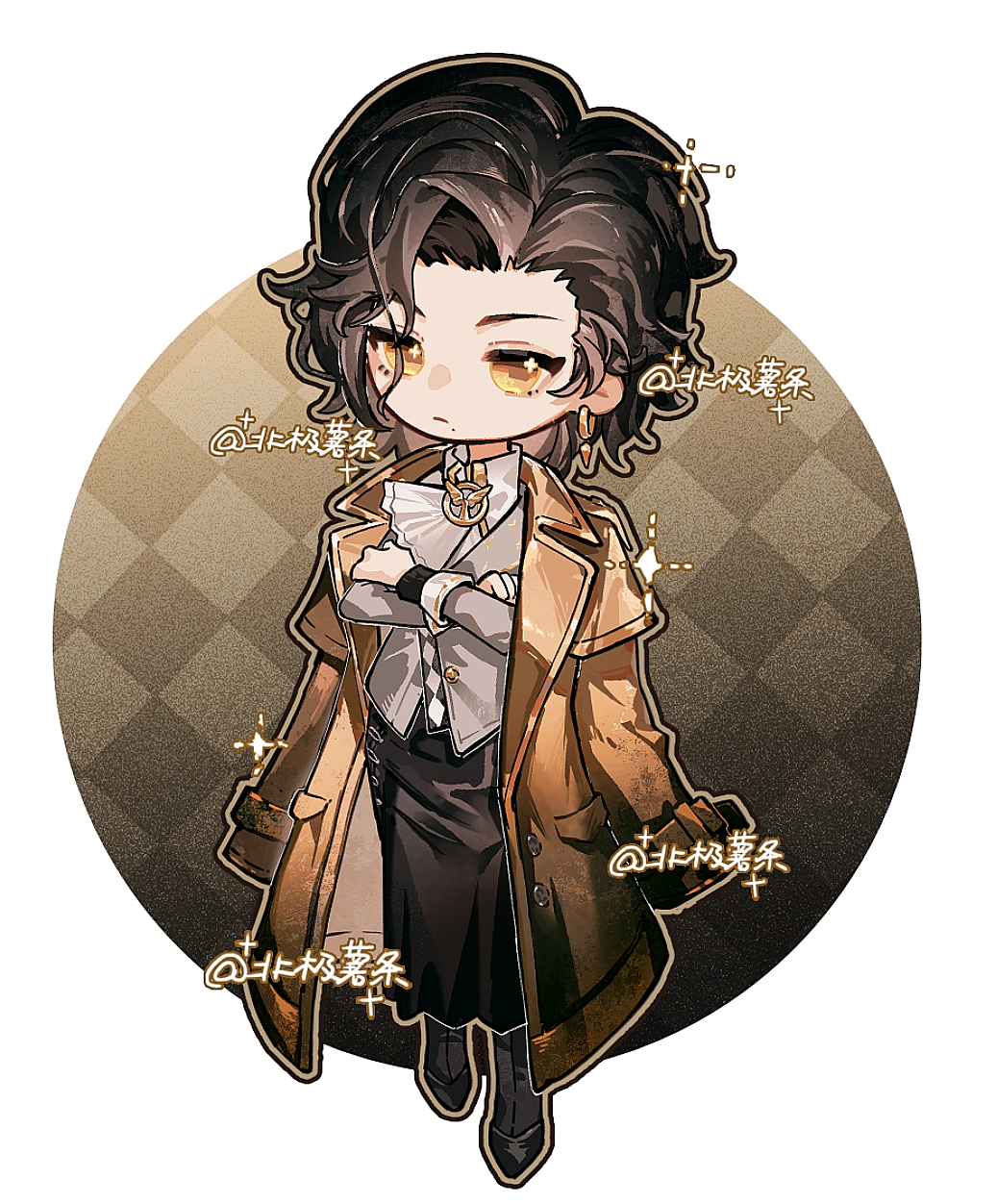 1girl, :/, artist_name, ascot, beiji_shutiao, black_boots, black_hair, black_skirt