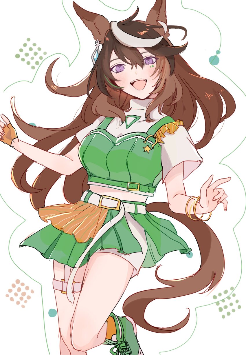 1girl, absurdres, animal_ears, belt, bracelet, breasts, brown_hair, earrings, fingerless_gloves, gloves, green_shoes, green_skirt, green_vest, highres, horse_ears, horse_girl, horse_tail, jewelry, jupo_(nnmn_7737), long_hair, midriff, multicolored_hair, open_mouth, orange_socks, purple_eyes, shirt, shoes, short_sleeves, shorts, single_earring, single_glove, skirt, small_breasts, smile, sneakers, socks, solo, streaked_hair, symboli_rudolf_(umamusume), tail, thigh_strap, umamusume, umayuru, vest, white_shirt, white_shorts