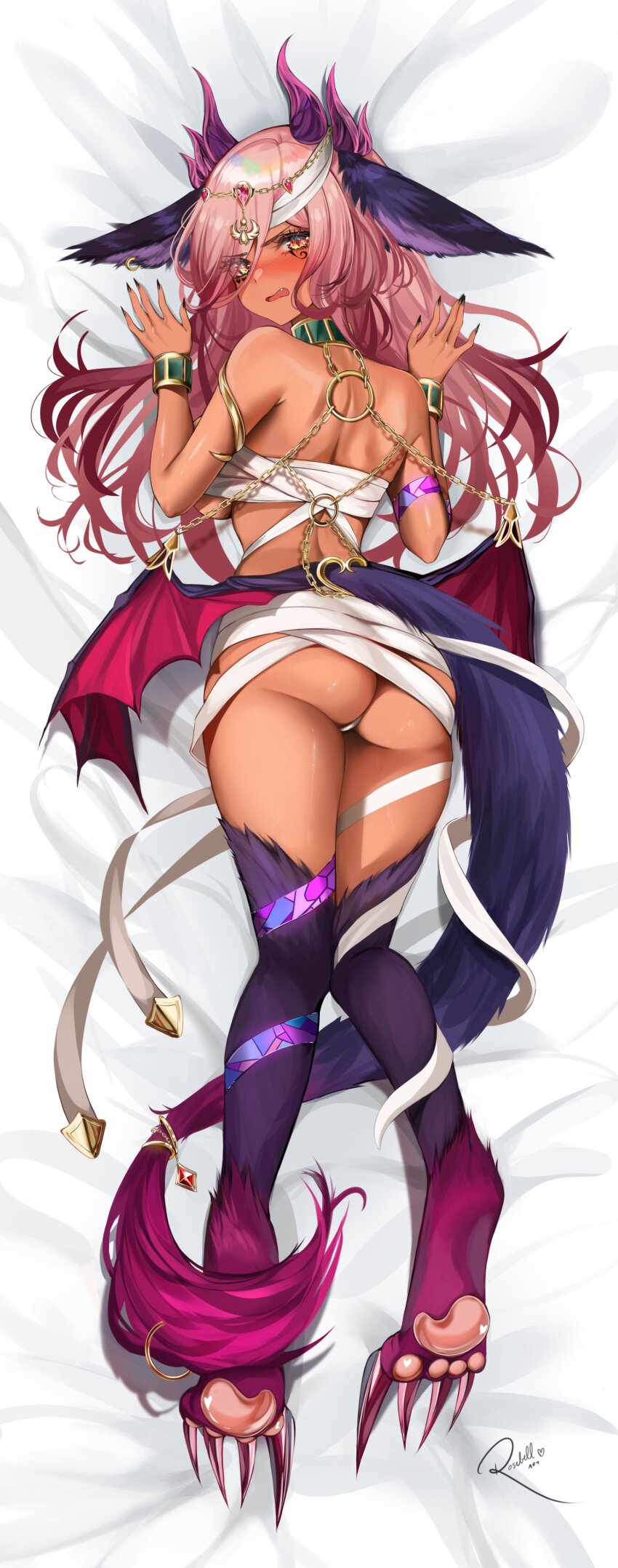 1girl, absurdres, animal_ears, animal_feet, armlet, ass, black_nails, blush