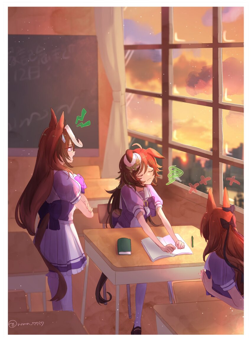 +++, 3girls, animal_ears, book, bow, bowtie, brown_hair, chair