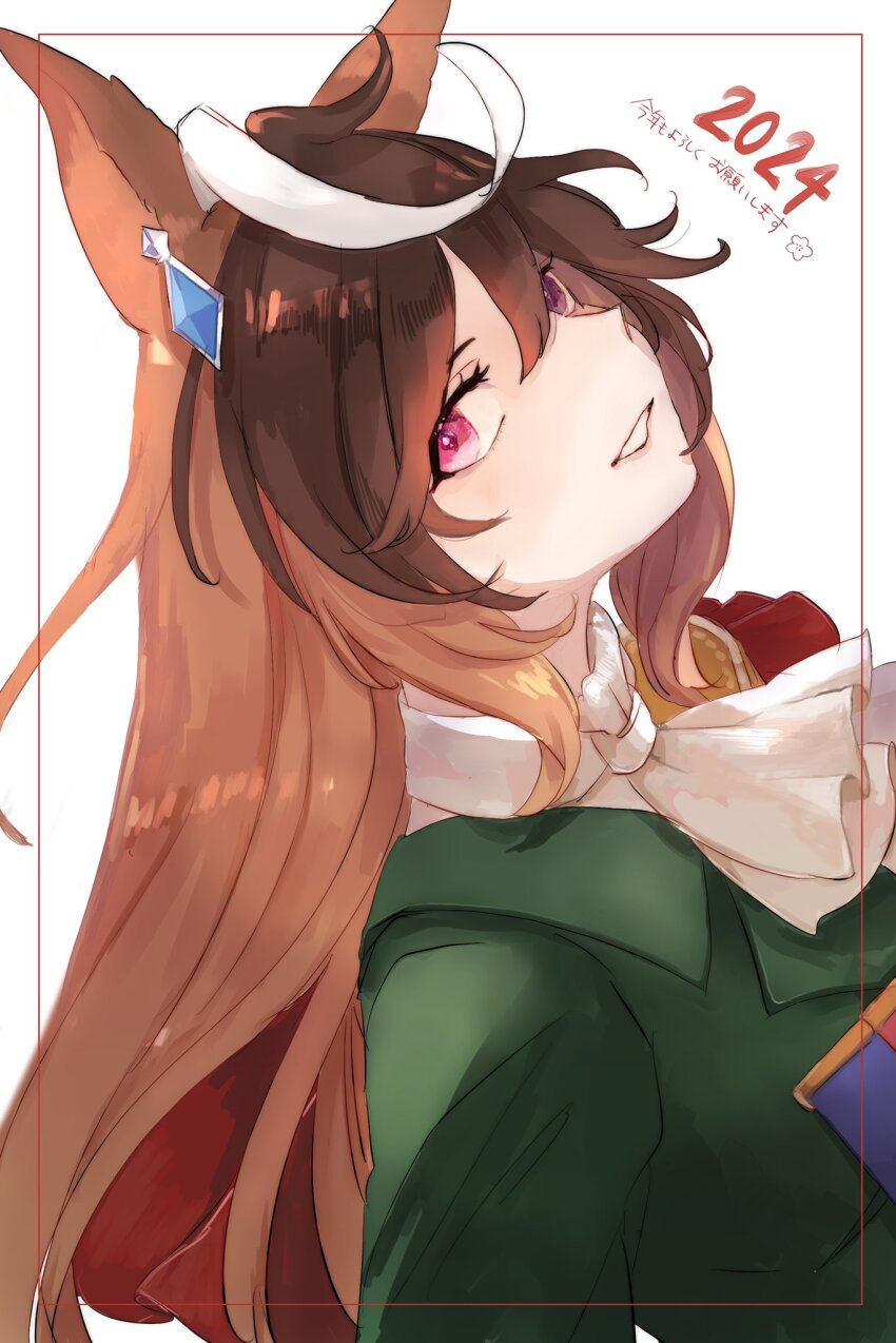 1girl, 2023, animal_ears, ascot, brown_hair, earrings, green_jacket, head_tilt