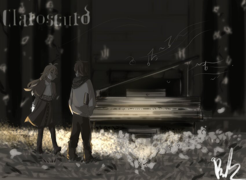 1boy, 1girl, amarant_(claroscuro), antenna_hair, bohrelight, book, claroscuro, closed_eyes, copyright_name, dress, hair_flaps, highres, holding, holding_book, instrument, long_hair, nikanor_petrovich_lyarasov, piano, sarafan, scarf, shawl, short_hair, smile