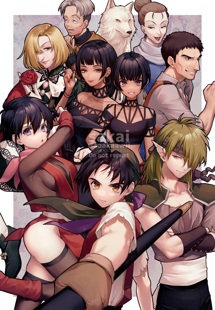 4girls, 5boys, alex_(suikoden), black_hair, blonde_hair, breasts, brown_eyes, brown_hair, cleavage, closed_mouth, eilie_(suikoden), elf, gensou_suikoden, gensou_suikoden_i, gensou_suikoden_ii, giovanni_(suikoden), gloves, green_eyes, headband, highres, kasumi_(suikoden), long_hair, looking_at_viewer, medium_breasts, multiple_boys, multiple_girls, ninja, onil_(suikoden), open_mouth, pointy_ears, purple_eyes, rina_(suikoden), rubi_(suikoden), sakai_(motomei), scarf, shiro_(suikoden), short_hair, sideboob, smile, thighhighs, tir_mcdohl, vincent_de_boule, weapon