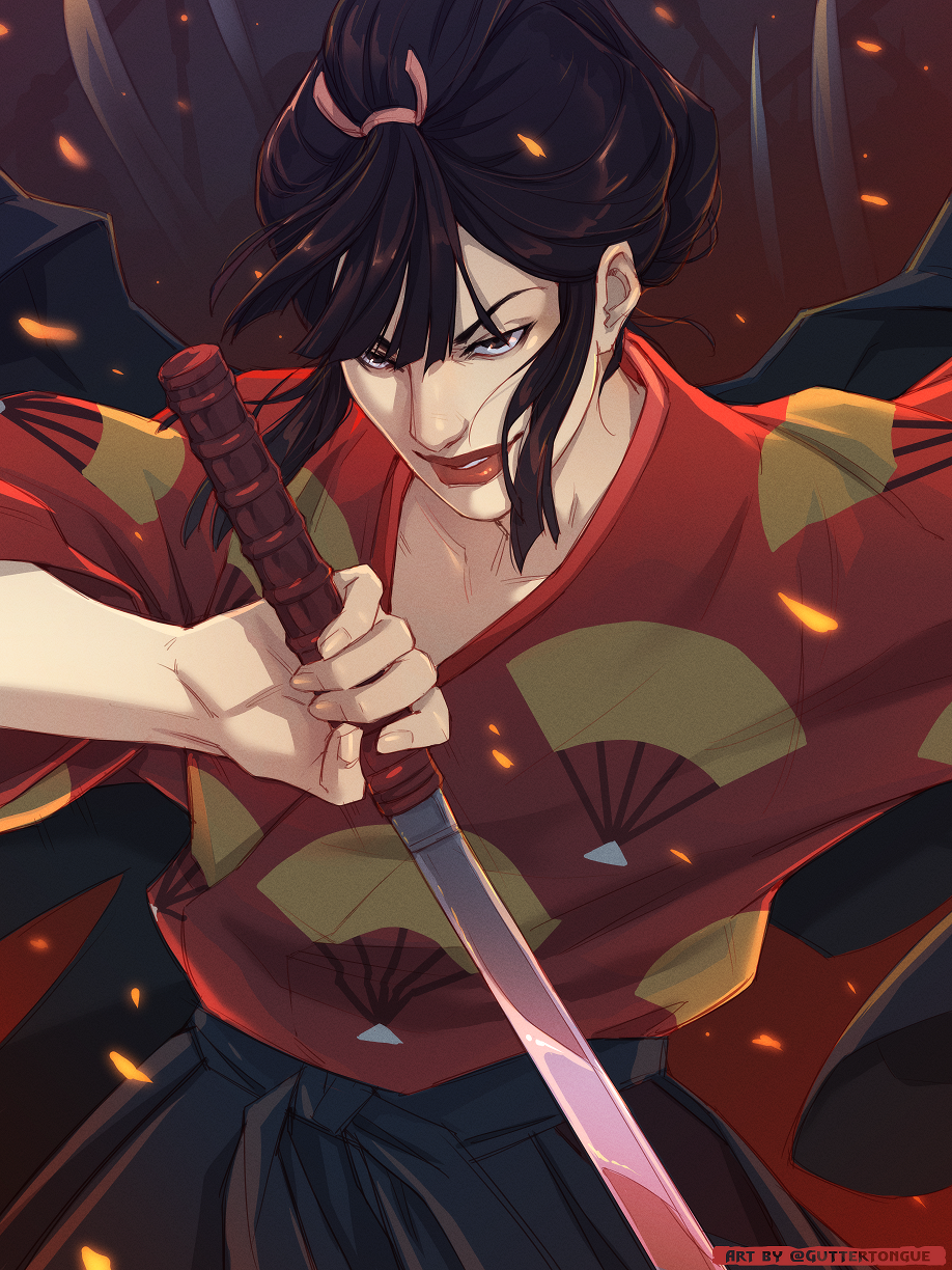 >:), 1girl, black_hair, braid, cowboy_shot, eboshi, evil_smile, guttertongue