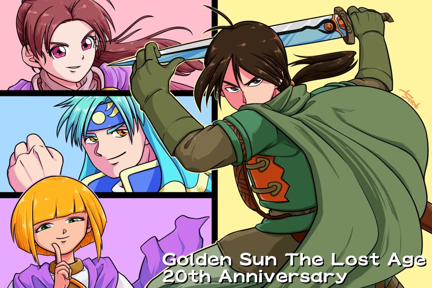 2boys, 2girls, blonde_hair, brown_eyes, brown_gloves, brown_hair, cape, closed_mouth, commentary, felix_(golden_sun), gloves, golden_sun, green_eyes, highres, holding, holding_sword, holding_weapon, jenna_(golden_sun), long_hair, looking_at_viewer, multiple_boys, multiple_girls, piers_(golden_sun), sheba_(golden_sun), short_hair, smile, sword, tirinyu, weapon