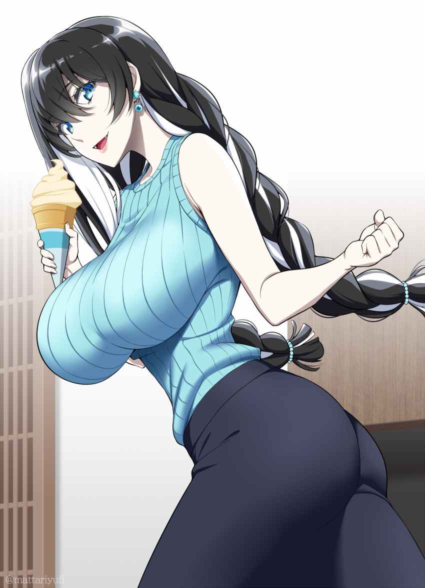 1girl, bare_shoulders, blue_eyes, casual, food, highres, ice_cream, kyokou_suiri