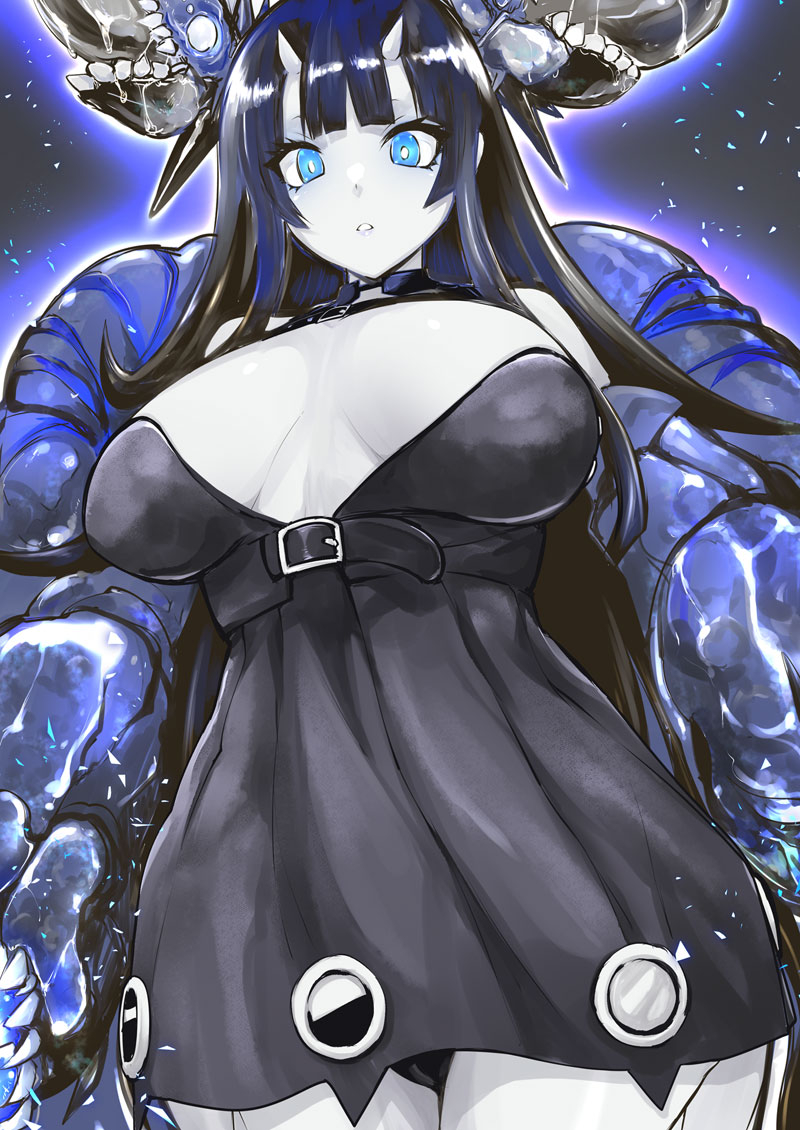 1girl, abyssal_ship, atoll_aircraft_carrier_anchorage_princess, bare_shoulders, black_dress, black_hair, black_panties, blue_eyes