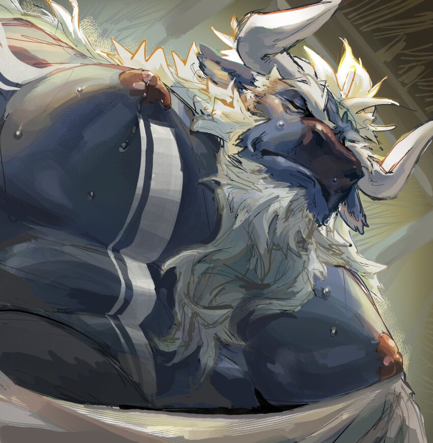 1boy, ancient_greek_clothes, animal_ears, bara, bare_pectorals, beard, blue_fur, chest_hair