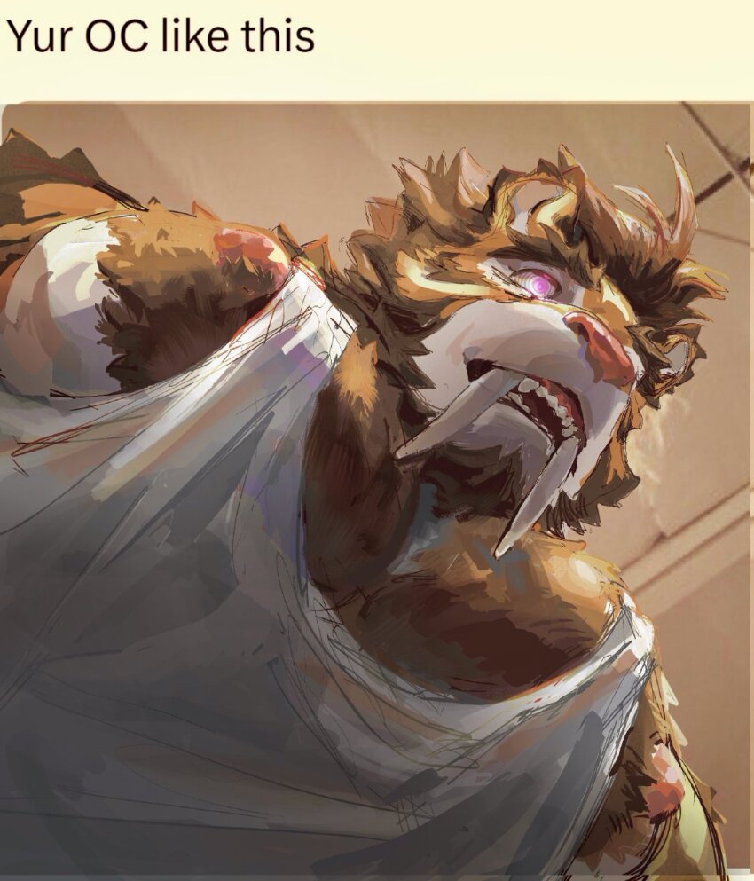 1boy, bara, english_text, foreshortening, forked_eyebrows, from_below, furry, furry_male