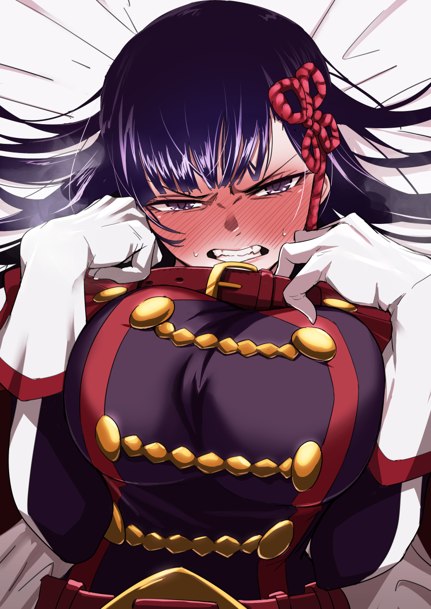 1girl, absurdres, anti-demon_corps_uniform, bed_sheet, blush, breasts, clenched_teeth, collar, collar_tug, fangs, from_above, full-face_blush, gloves, hair_ornament, highres, huge_breasts, jacket, long_hair, long_sleeves, looking_at_viewer, lying, mato_seihei_no_slave, on_back, otonari_y, purple_eyes, purple_hair, purple_jacket, teeth, upper_body, v-shaped_eyebrows, white_gloves, yamada_otonari, yamashiro_ren
