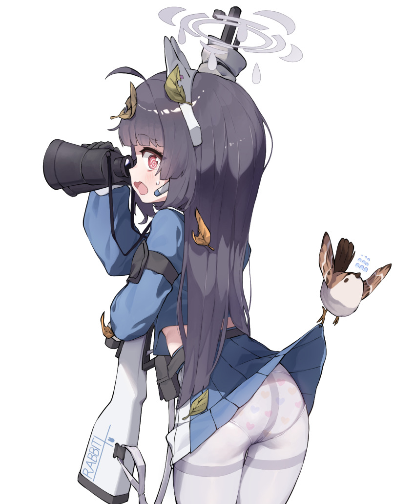 1girl, @_@, animal, animal_ears, ass, binoculars, bird, black_hair, blue_archive, blue_serafuku, blue_skirt, blush, cowboy_shot, earpiece, fake_animal_ears, flying_sweatdrops, grey_halo, gun, halo, highres, holding, holding_binoculars, leaf, leaf_on_head, long_hair, long_sleeves, miyu_(blue_archive), open_mouth, panties, panties_under_pantyhose, pantyhose, pleated_skirt, rabbit_ears, red_eyes, school_uniform, serafuku, simple_background, skirt, solo, sparrow, ttubbip, two-tone_skirt, underwear, weapon, white_background, white_panties, white_pantyhose, white_skirt